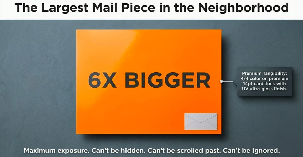 Large orange mail piece advertises 6X bigger size with premium torquosity, suitable for direct mail marketing campaigns