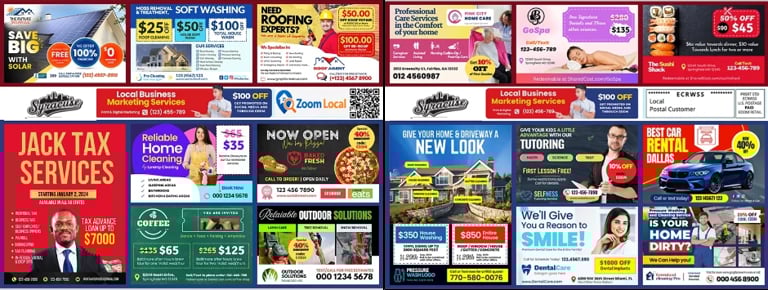Collage of various colorful local business advertisements and promotional flyers including services for tax, dental, home improvement, and retail businesses