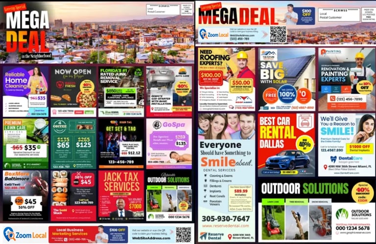 Collage of colorful local business advertisements and promotional flyers featuring real estate, dental, roofing, and automotive services