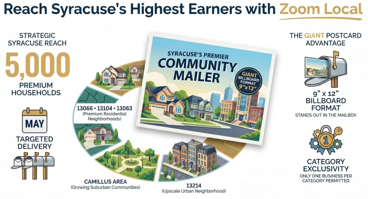 Infographic showing Zoom Local advertising reaching 5,000 Syracuse households via community mailer with delivery details and billboard options