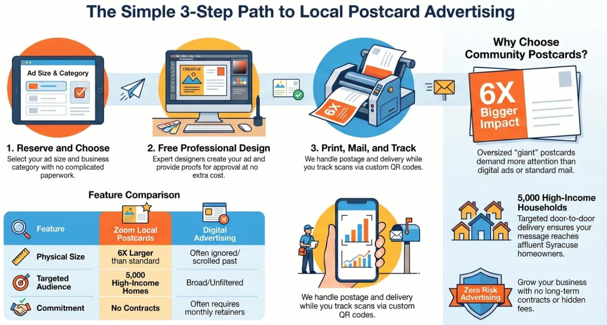 Infographic showing 3-step process for local postcard advertising with illustrations and feature comparison details