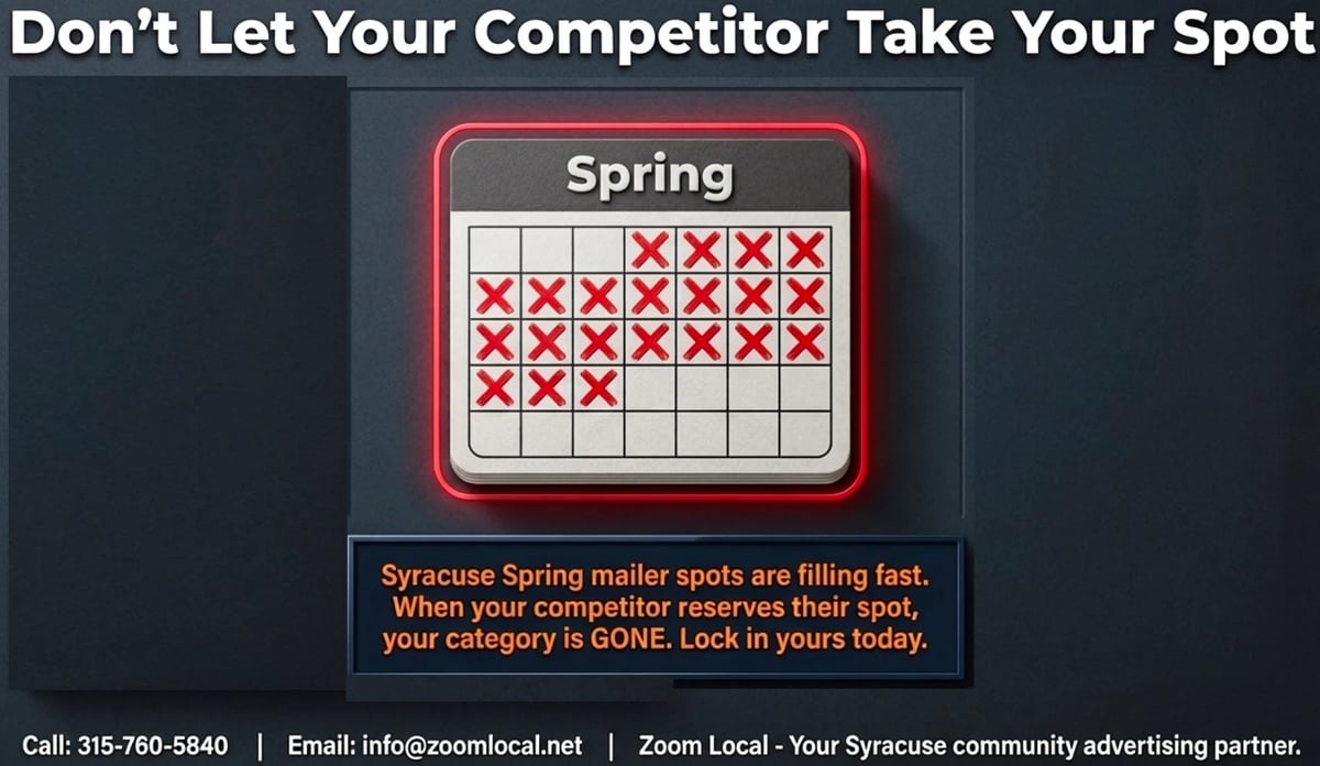 Spring mailer calendar with red X marks indicating booked spots and warning text about reserving advertising space before competitors fill available slots
