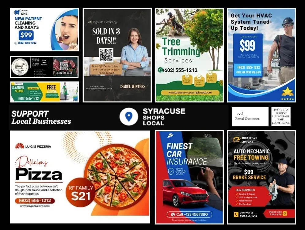 Collage of local Syracuse business advertisements including dental services, tree trimming, HVAC systems, pizza, car insurance, and auto repair.