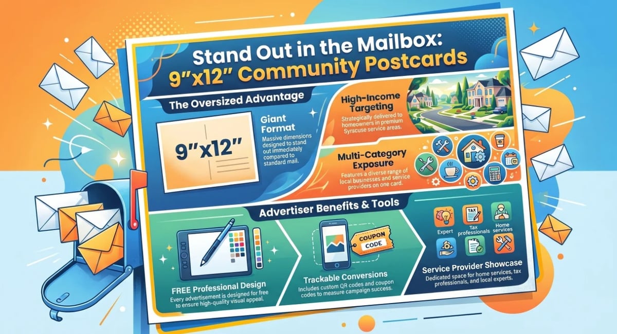 Infographic showing 9x12 community mailbox advertising benefits, featuring targeted reach, design services, and advertiser tools for local marketing