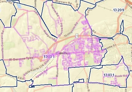 Map showing Camilla area with pink shaded regions, roads, and district boundaries marked with blue lines