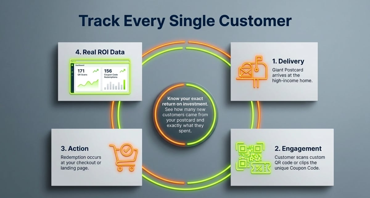 Diagram showing four customer tracking steps: Real ROI Data, Delivery, Engagement, and Action, connected by a circular flow around a central hub