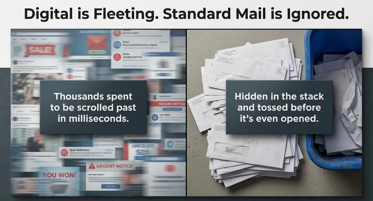Split image comparing digital and mail: left shows scrolling website content with thousands spent to be scrolled past in milliseconds, right shows stacked unopened mail with hidden in the stack and tossed before its even opened