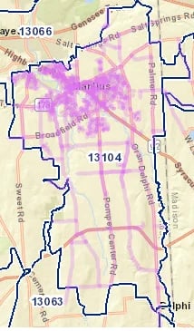 Map showing zip codes 13066, 13104, and 13063 in purple highlighting with street names and geographic boundaries