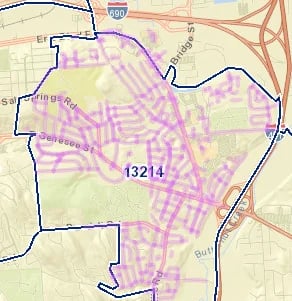 Map showing zip code 13214 area with purple shaded neighborhood streets and blue boundary outline