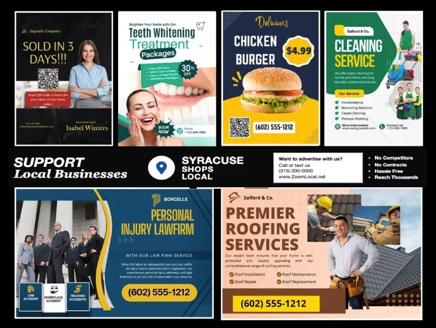 Collage of local business advertisements including real estate, teeth whitening, restaurant, cleaning service, personal injury law firm, and roofing services