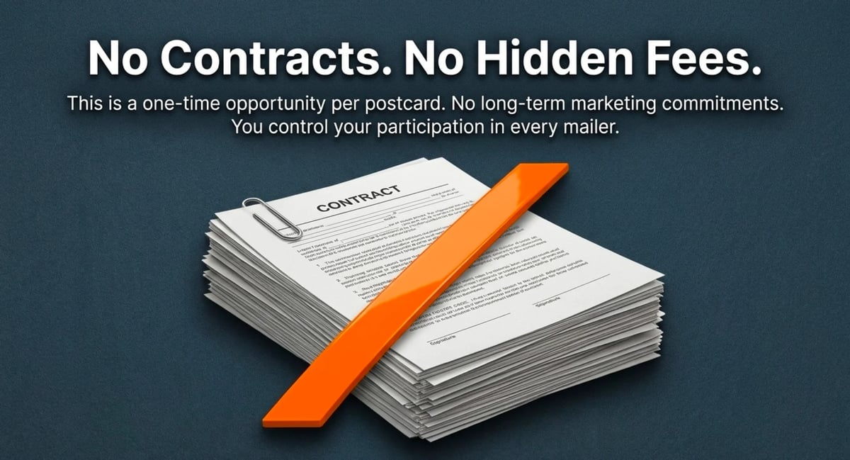 Stack of contract documents with an orange checkmark, illustrating no-contract service terms