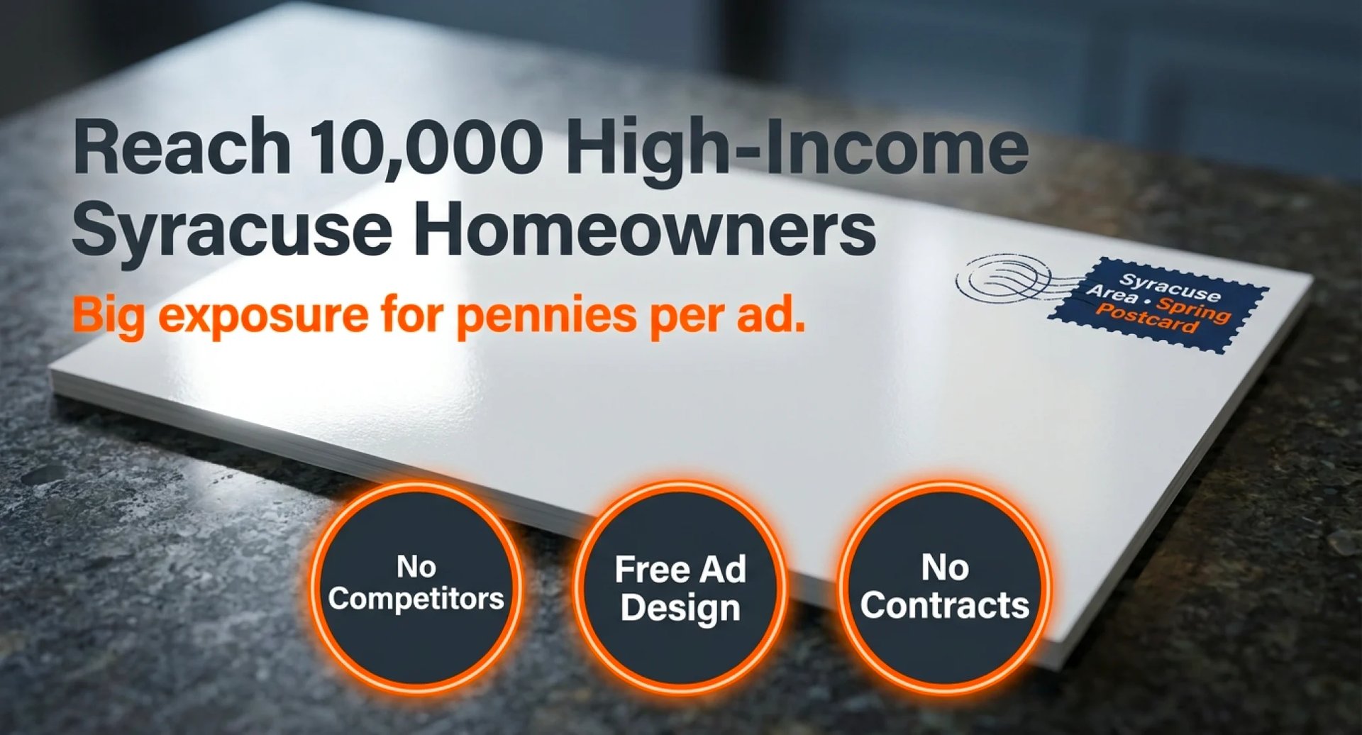 Marketing flyer on desk advertising reach to 10,000 high-income Syracuse homeowners with three circular benefit icons below